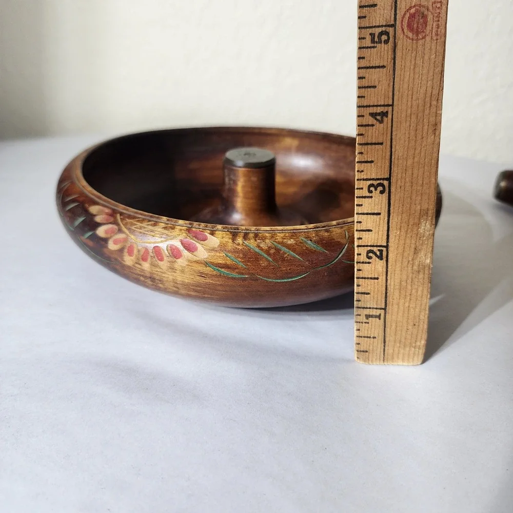 Vintage Hand Carved Wooden Nut Bowl Set with Mallet and Metal Anvil India Floral